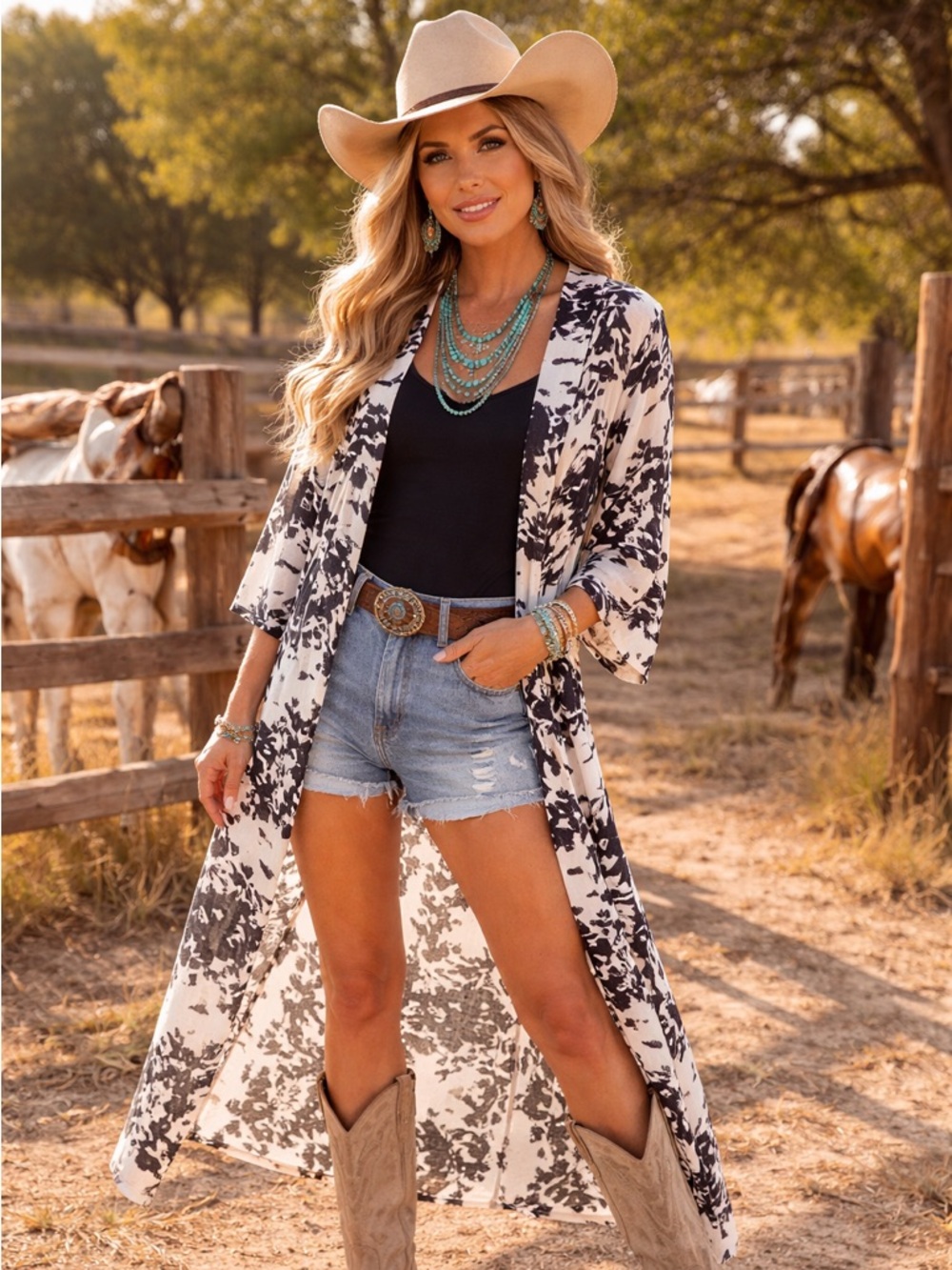 Crazy Train Long Duster Kimono Cardigan Black Cream Abstract Print